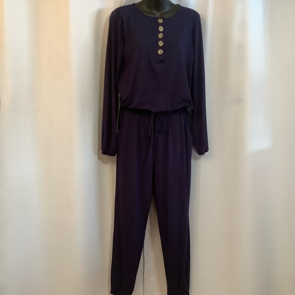 Zenana Jumpsuit Women’s Medium Button Up Elastic Waistband Cuffs Navy